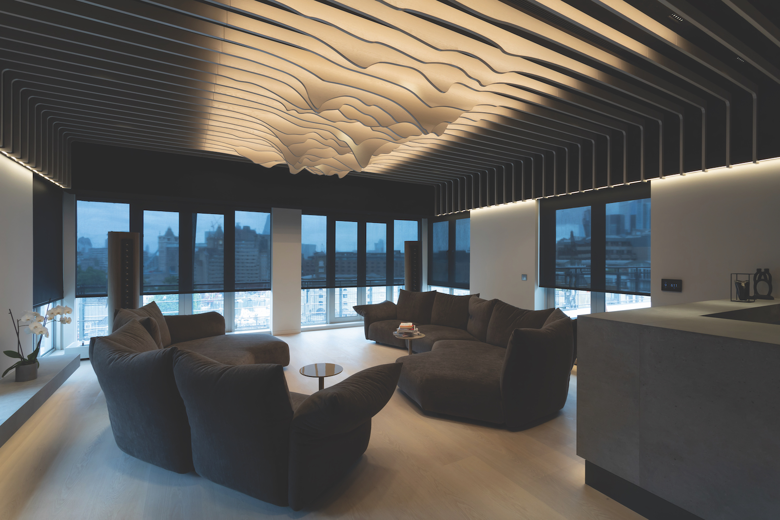 A photograph of a custom install home cinema and hi-fi system in a London penthouse apartment