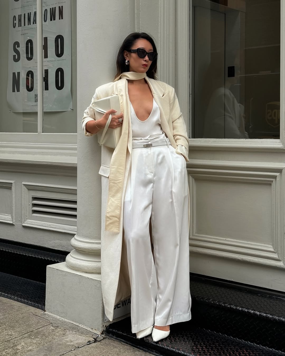 Caroline wearing neutral outfit