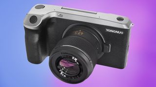 The front of the Yongnuo YN455 camera on a purple background