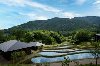 aerial view of water features at KAI Yufuin by Kengo Kuma