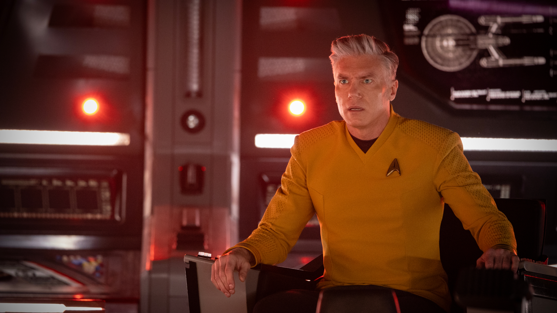 Anson Mount as Captain Pike in season 4, Episode 1 of Strange New Worlds streaming on Paramount+. Photo Credit: Jan Thijs/Paramount+