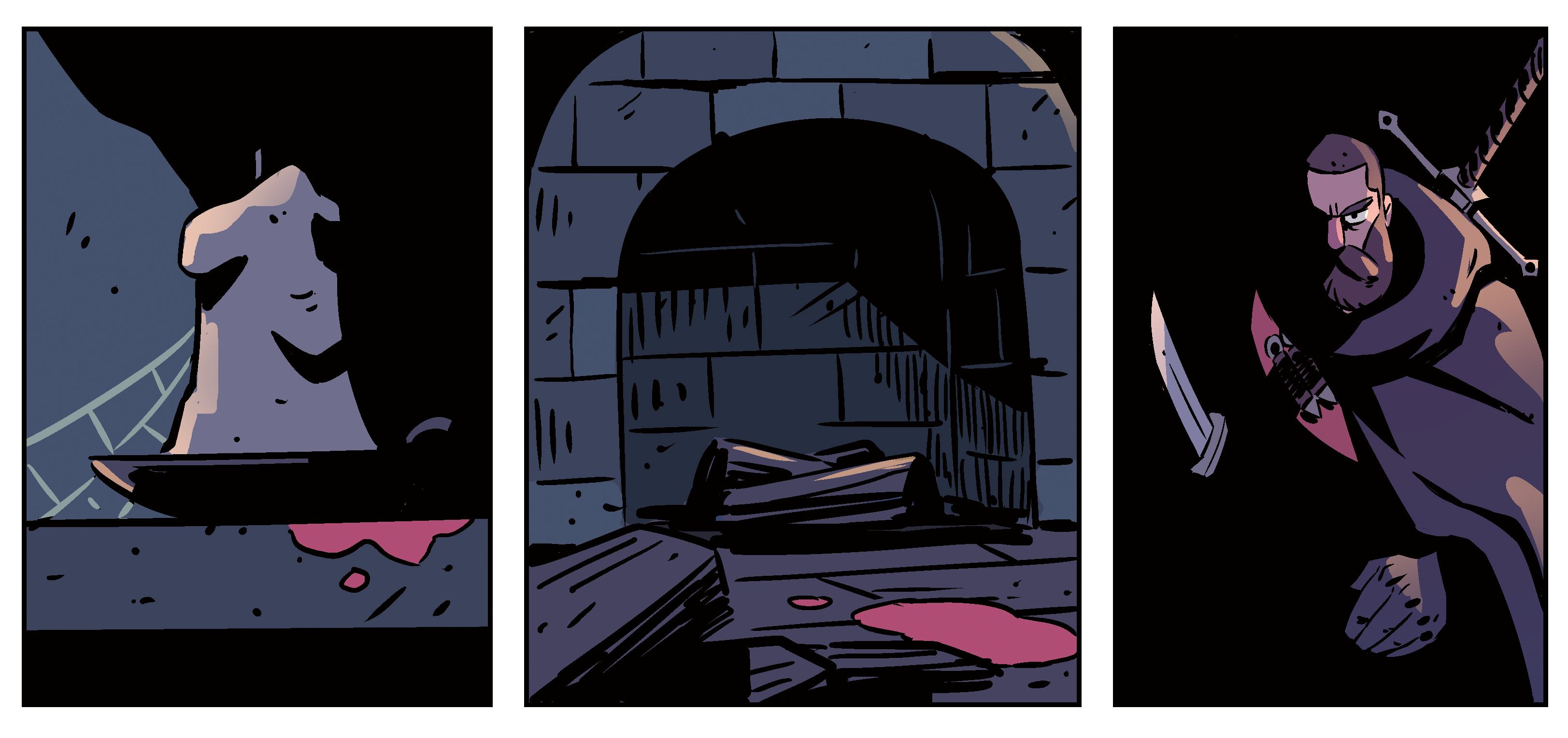 Comic art; panels showing a man with a knife and a fire place