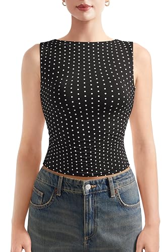 Suuksess Women Double Lined Sleeveless Going Out Basic Tank Tops Ruched Summer Casual T Shirts (black Polka Dots, X-Large)