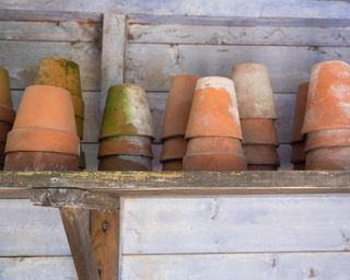 shelf of upturned terracotta plant pots that are dirty and some are covered in dust or mildew