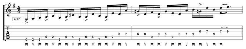 Example 2: This example extends the basic pattern across the neck and uses an alternate picked sequence (last two notes of bar 1 and first two notes of bar 2) to connect the two halves of the lick.
