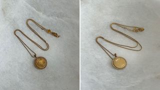 Before and after of cleaned gold necklace