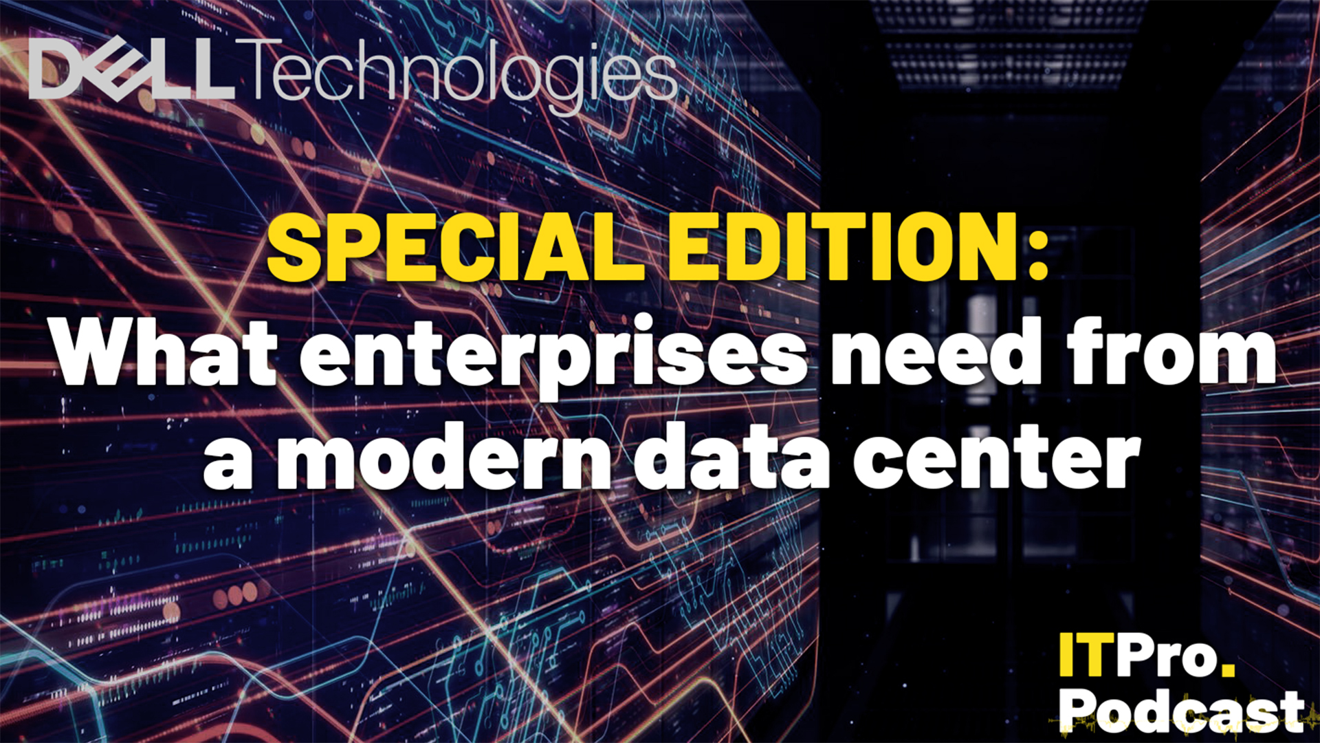 A data center server room with the episode title