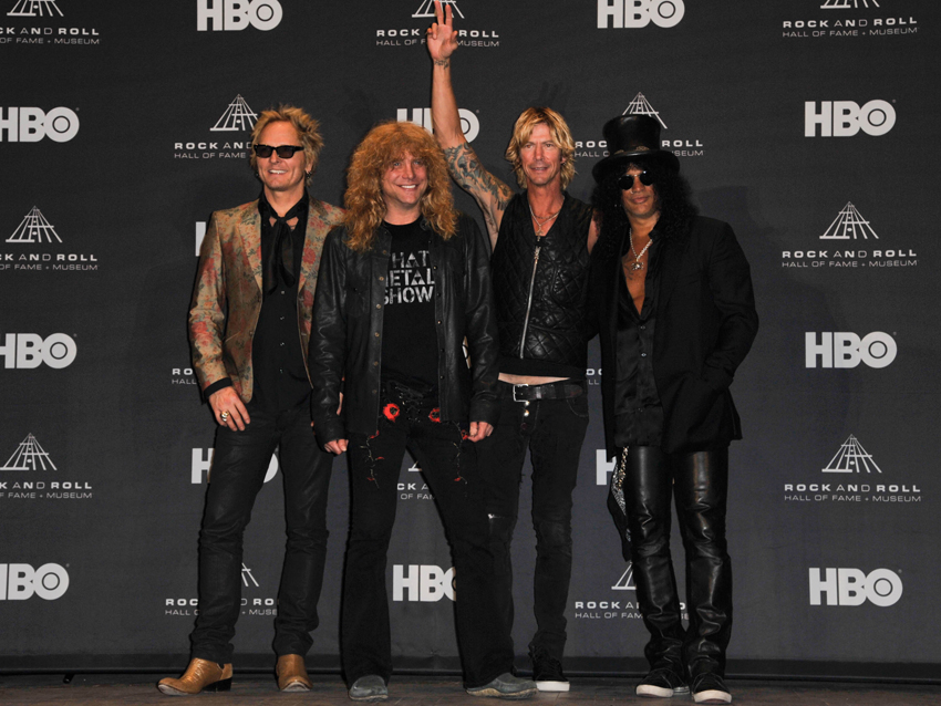 Rock And Roll Hall Of Fame inductees for Guns N&#039; Roses (from left) Matt Sorum, Steven Adler, Duff McKagan and Slash in Cleveland, Ohio, 14 April