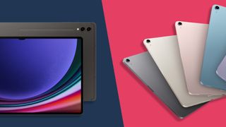 La Galaxy Tab a la izquierda y el iPad Air a la derecha, vemos toda la gama de colores del iPad y tanto la parte trasera como la delantera de la tablet de Samsung
