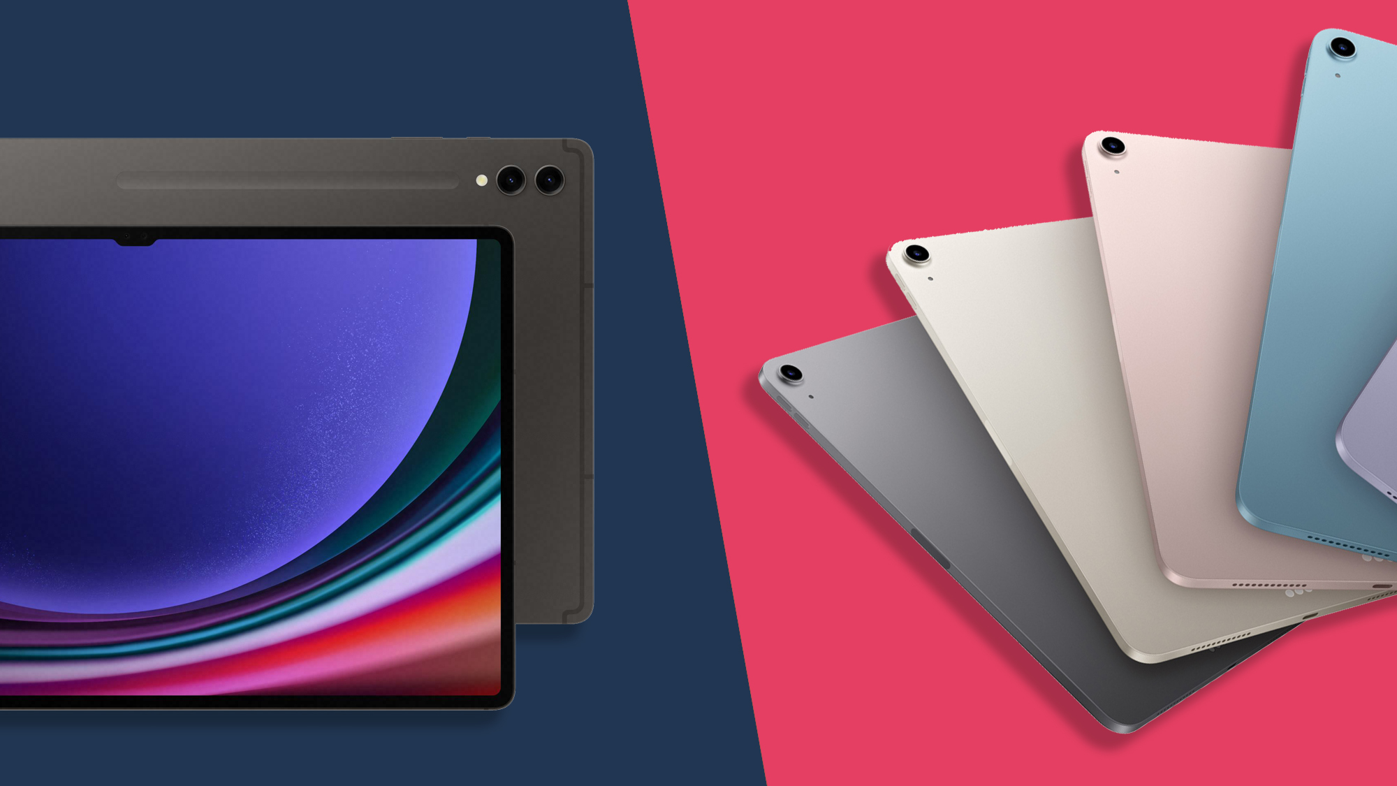 The Galaxy Tab on the left and iPad Air on the right, we see the full range of iPad colors and both the back and front of the Samsung tablet