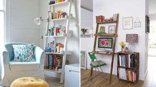 compliation image of two living rooms with bookshelf ideas for small rooms using a ladder and stacked shelves