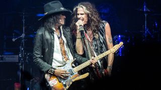 Joe Perry and Steven Tyler of Aerosmith perform live on stage at the Wells Fargo Center on September 02, 2023 in Philadelphia, Pennsylvania.