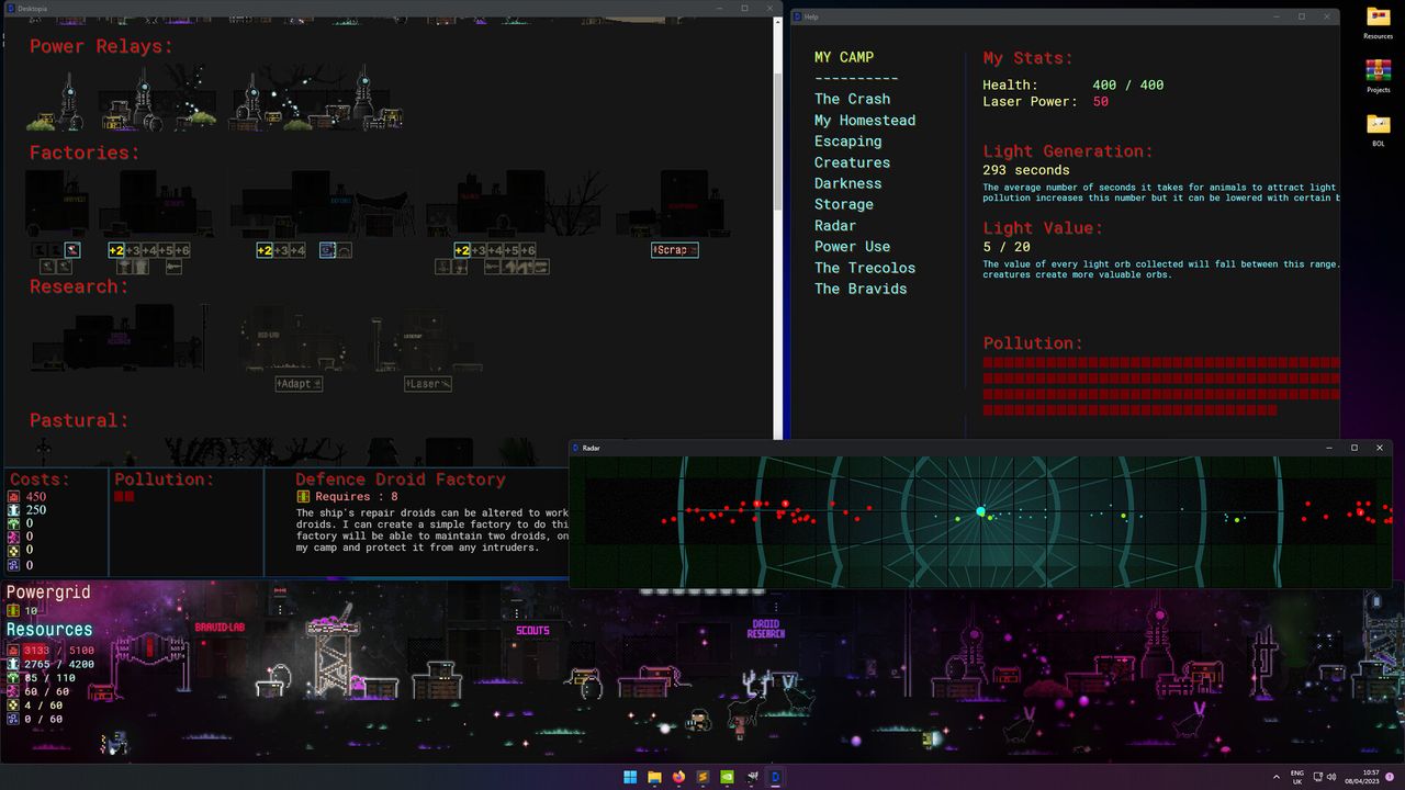 Screenshot of purple-blue cities and sci-fi screens from idler dEskape