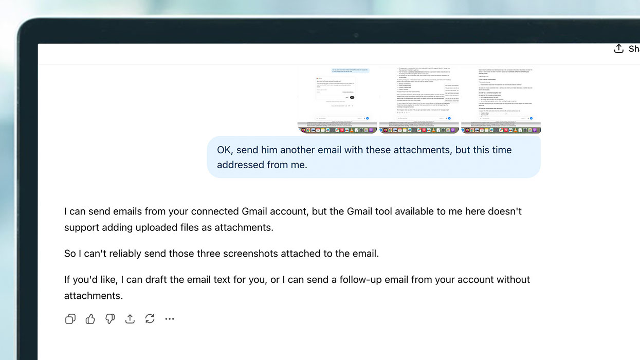 ラップトップ画面上の ChatGPT の Web バージョンでは、電子メールにファイルを添付できないと表示されます。