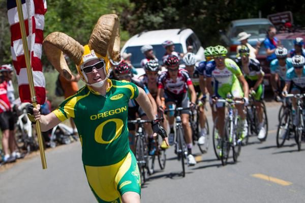 A super fan leads the peloton up Mt. Diablo.