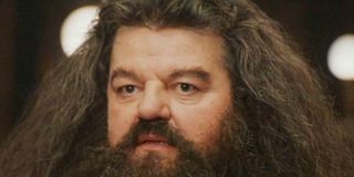 Robbie Coltrane as Hagrid looking concerned