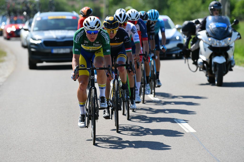 HAJDSZOBOSZL HUNGARY MAY 12 Jens Reynders of Belgium and Team Sport Vlaanderen Baloise Green Points Jersey compete in the breakaway during the 43rd Tour de Hongrie 2022 Stage 2 a 192km stage from Karcag to Hajdszoboszl tourdehongrie on May 12 2022 in Hajdszoboszl Hungary Photo by Dario BelingheriGetty Images