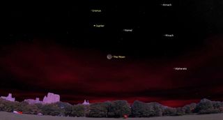 a pale purple-hued green city skyline sits below a night sky with red clouds. the moon, jupiter, uranus and other stars are labeleed.