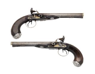 Pair Of Gold-Inlaid 28-Bore Flintlock Silver-Mounted D.B. Pistols