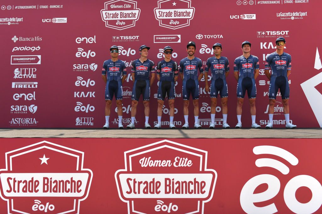 SIENA ITALY AUGUST 01 Start Podium Mathieu Van der Poel of The Netherlands Floris De Tier of Belgium Kristian Sbaragli of Italy Scott Thwaites of The United Kingdom Petr Vakoc of Czech Republic Gianni Vermeersch of Belgium Philipp Walsleben of Germany and Team AlpecinFenix during the Eroica 14th Strade Bianche 2020 Men a 184km race from Siena to SienaPiazza del Campo StradeBianche on August 01 2020 in Siena Italy Photo by Tim de WaeleGetty Images