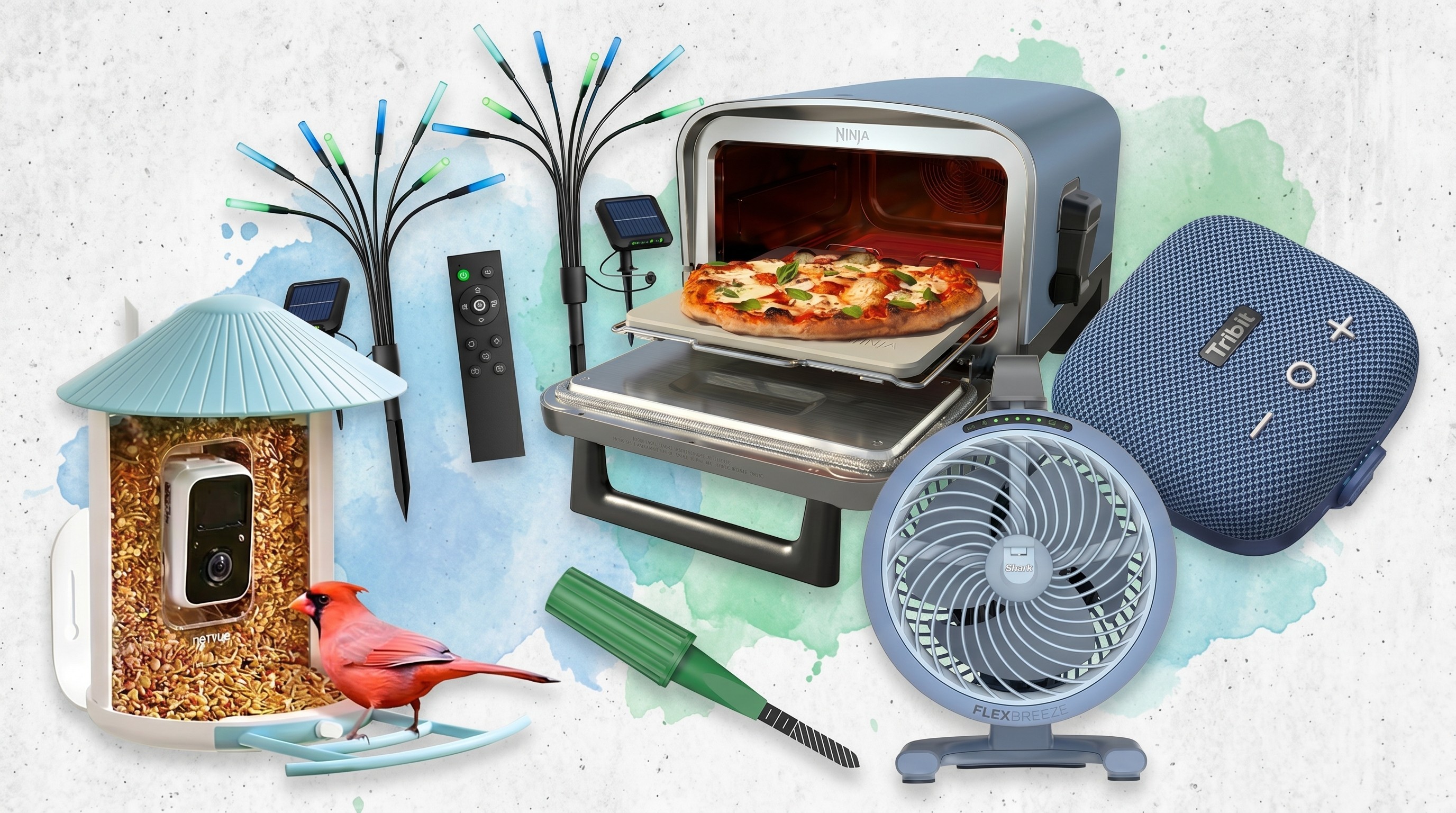 Smart bird feeder, outdoor lights, water sensor, pizza oven, fan, and speaker on blue and green background