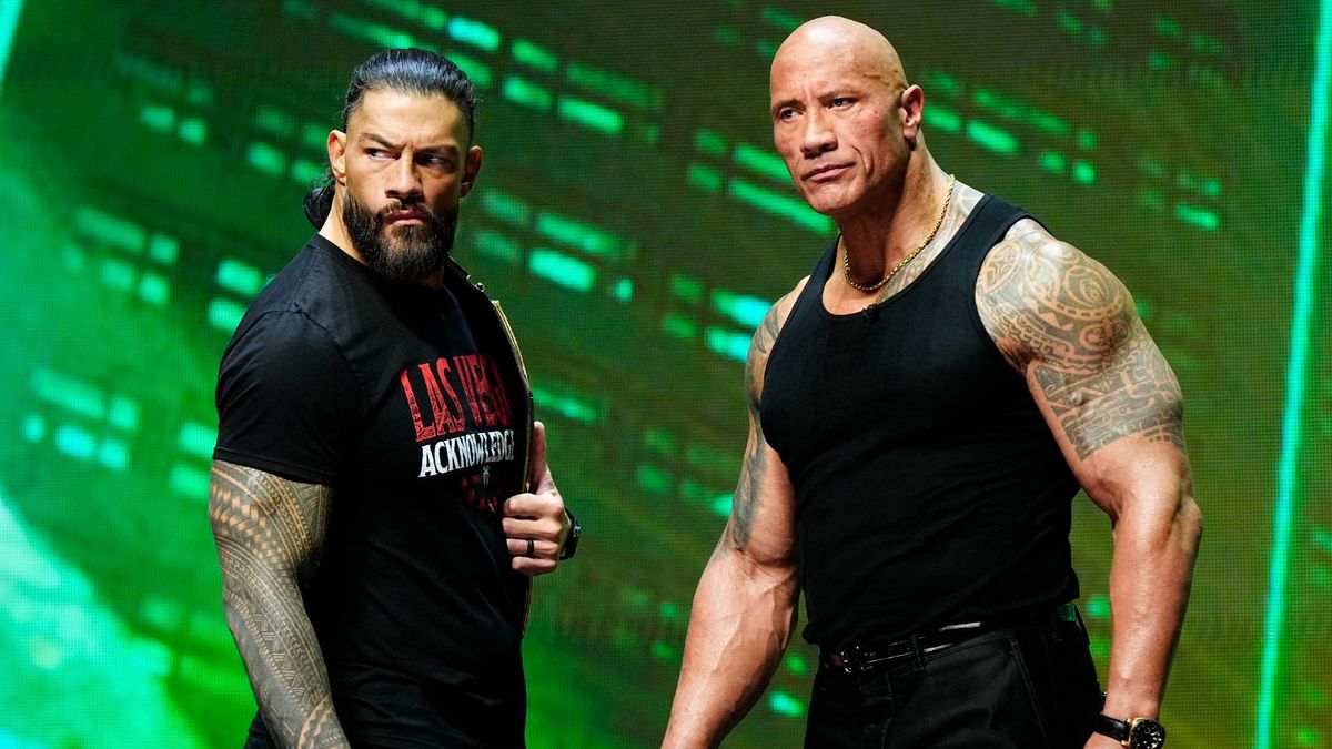 Dwayne &quot;The Rock&quot; Johnson and Roman Reigns during the WWE Wrestlemania XL Kickoff on February 08, 2024, at T-Mobile Arena in Las Vegas, NV. (Photo by Louis Grasse/PXimages/Icon Sportswire via Getty Images)