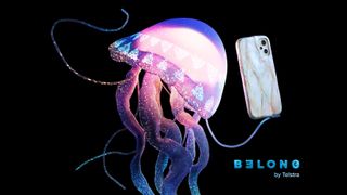 Belong marketing image which shows jellyfish holding a smartphone alongside Belong logo
