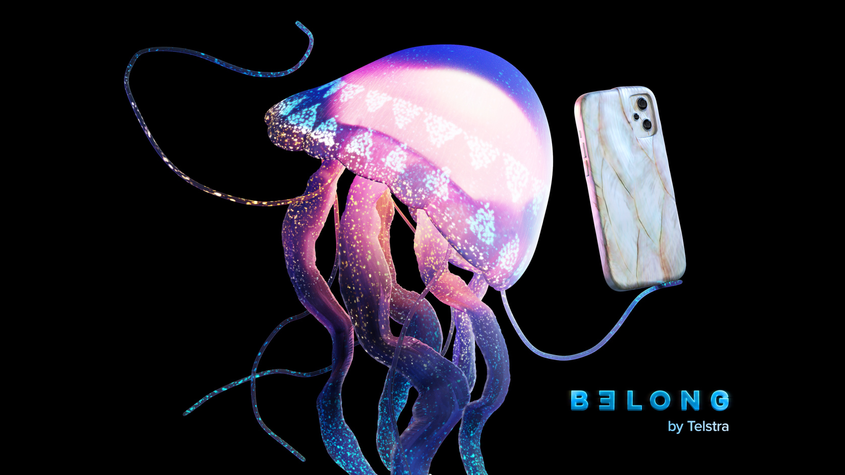 Belong marketing image which shows jellyfish holding a smartphone alongside Belong logo