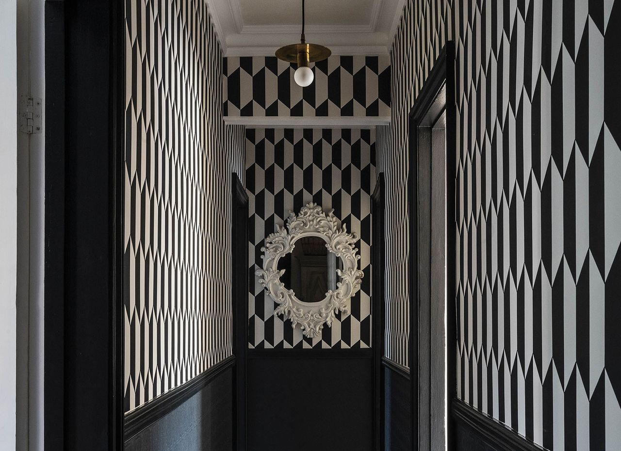 black and white hallway