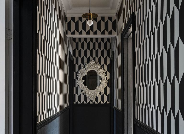black and white hallway