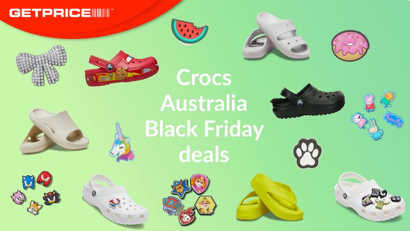 Light green background with red GetPrice logo on top left corner and white writing in the middle that says Crocs Australia Black Friday deals surrounded with images of different styles of Crocs and Jibbitz charms 