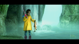 A young girl in a yellow raincoat holding a fish she just caught. There's a waterfall behind her and it's a very PS1 art style