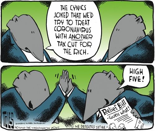 Political Cartoon U.S. GOP flattens curve tax cut for rich beats satire