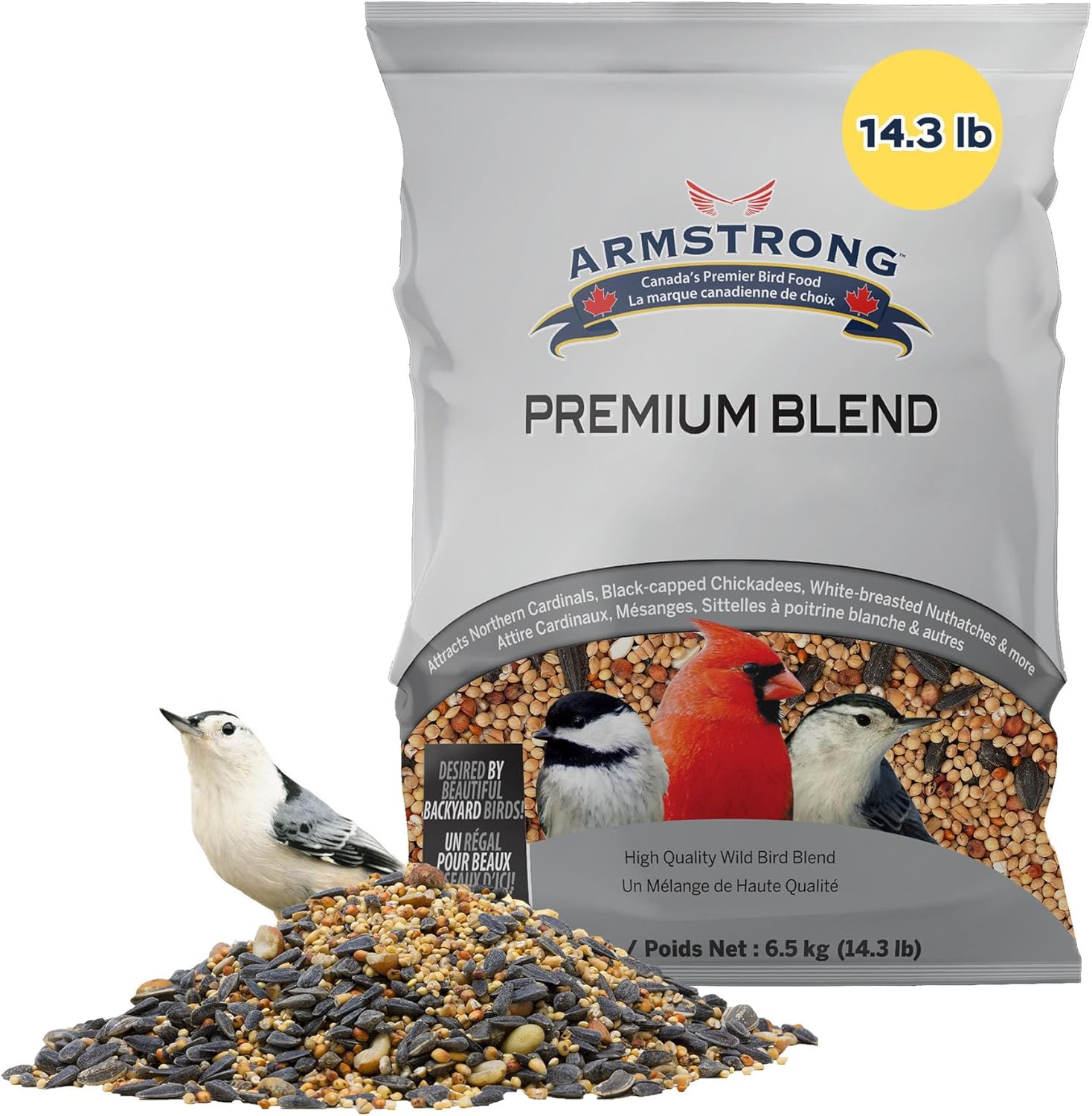 Armstrong Wild Bird Food Premium Blend, 30.8 Pounds - With White Millet, Black Oil Sunflower, Wheat, Peanuts, Striped Sunflower and Safflower for Northern Cardinals and Black-Capped Chickadees