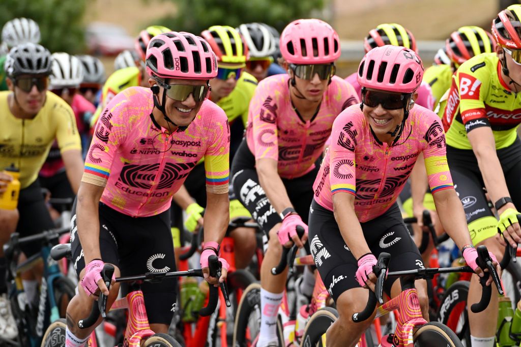 SANTA ROSA DE VITERBO COLOMBIA FEBRUARY 07 LR Richard Carapaz of Ecuador and Esteban Chaves of Colombia and Team EF Education EasyPost compete during the 4th Tour Colombia 2024 Stage 2 a 1686km stage from Paipa to Santa Rosa de Viterbo 2751m on February 07 2024 in Santa Rosa de Viterbo Colombia Photo by Maximiliano BlancoGetty Images