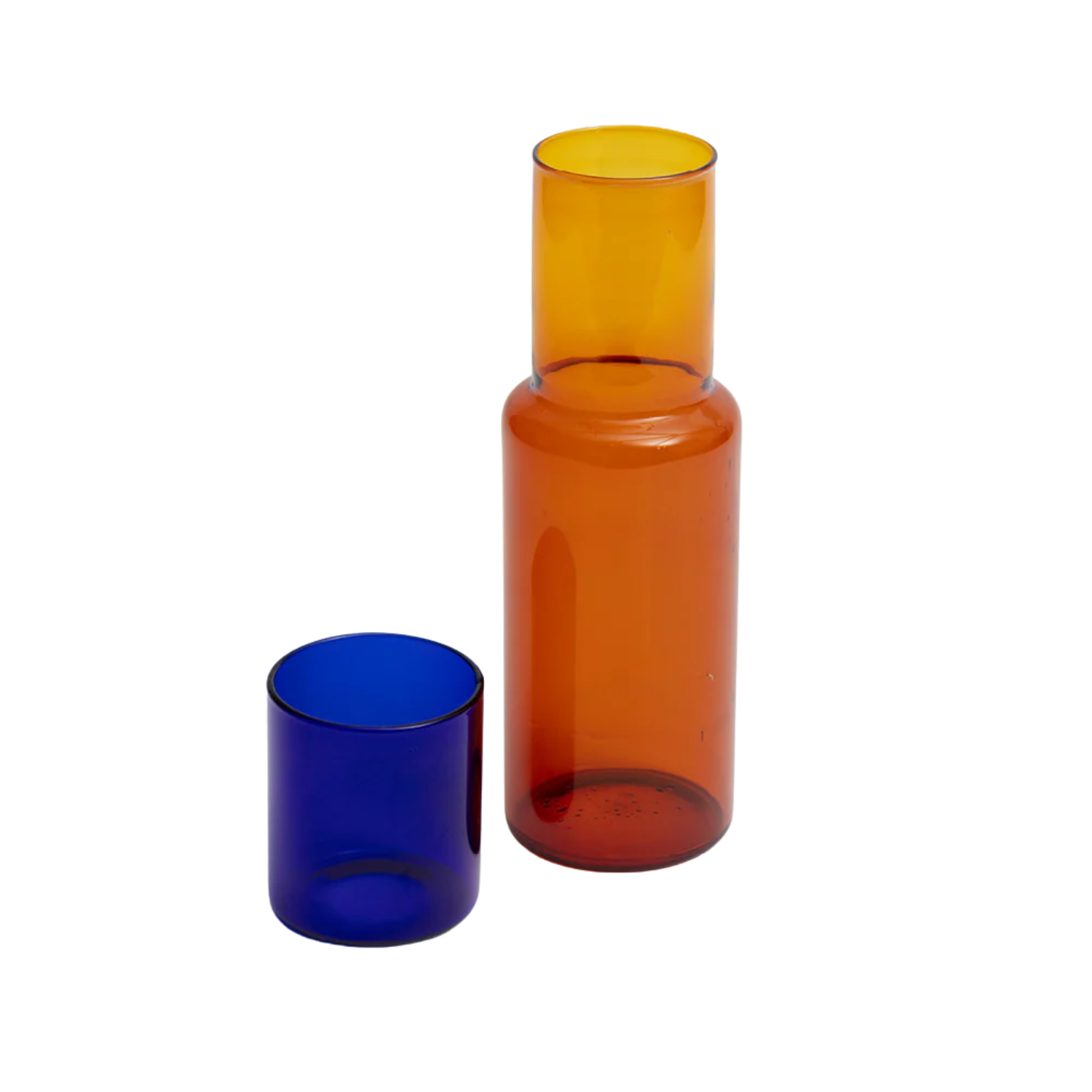 An amber and cobalt carafe set