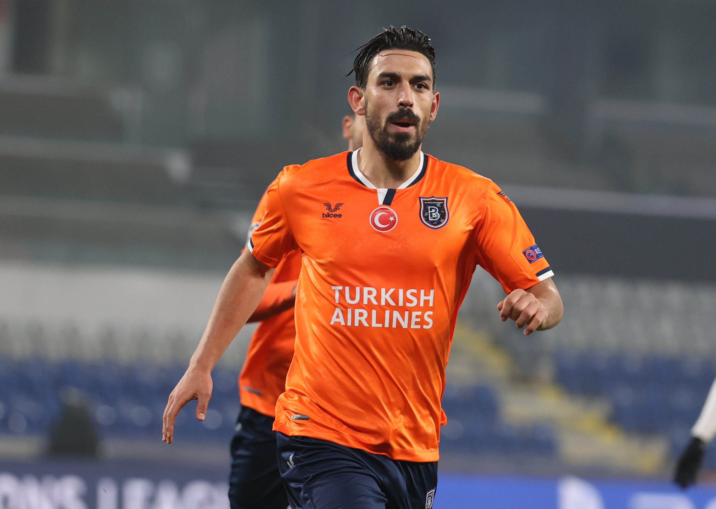 İrfan Kahveci celebrates after scoring for Istanbul Başakşehir against RB Leipzig in the Champions League in December 2020.