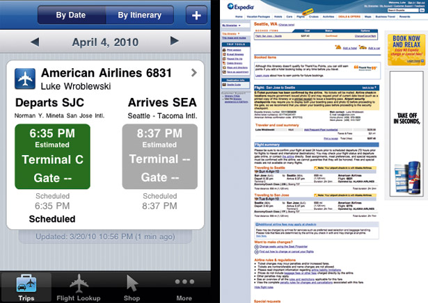 Clear and concise, travel site Expedia's iPhone experience puts the focus on the information you need. In comparison, the travel itinerary screen on Expedia's desktop website looks cluttered and overcomplicated