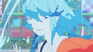 The mermaid Chao stands in the middle of a water fountain