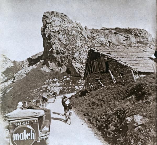 Stage 16 of the 1930 Tour de France passed the Col de Lautaret, Col du Tourmalet and Col des Aravis, a massive 331km stage. It was eventually won by Tour leader Andr&eacute; Leducq in a time of 13h39'23" but not before he had fallen on the descent of the Galibier, broken his bike and managed to regain the leading bunch with the help of his team mates. This is a high altitude snapshot from a historical stage of the event.