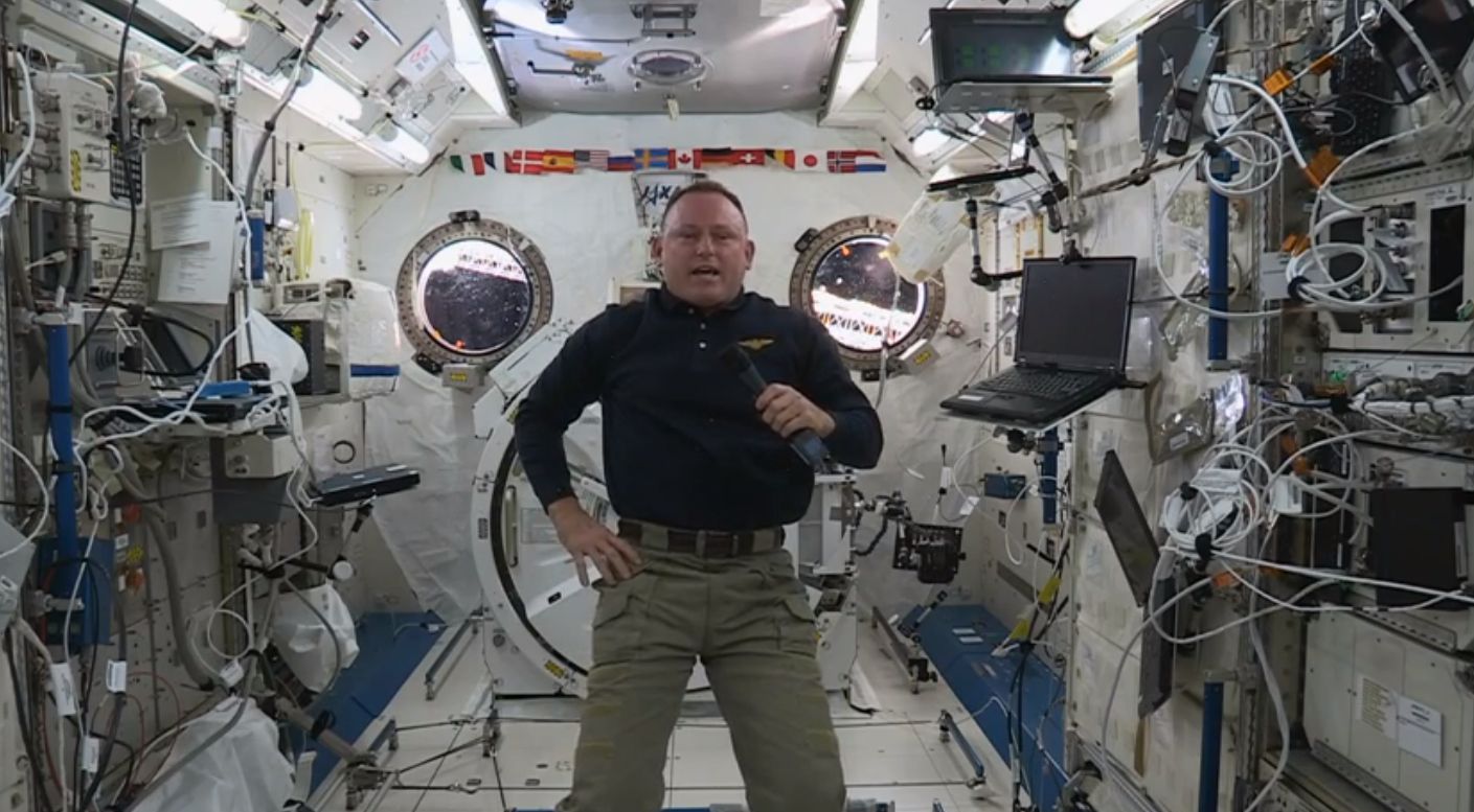 Barry &quot;Butch&quot; Wilmore, commander of the International Space Station, sends a Thanksgiving message to Earth. This image is a still from a NASA video published on Nov. 24, 2014.