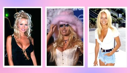 Pam Anderson outfits: Pamela Anderson pictured wearing a black safety pin dress/ alongside a picture of her wearing a white corset and pink bucket hat and a white t-shirt and blue, denim shorts/ in a pink and purple template