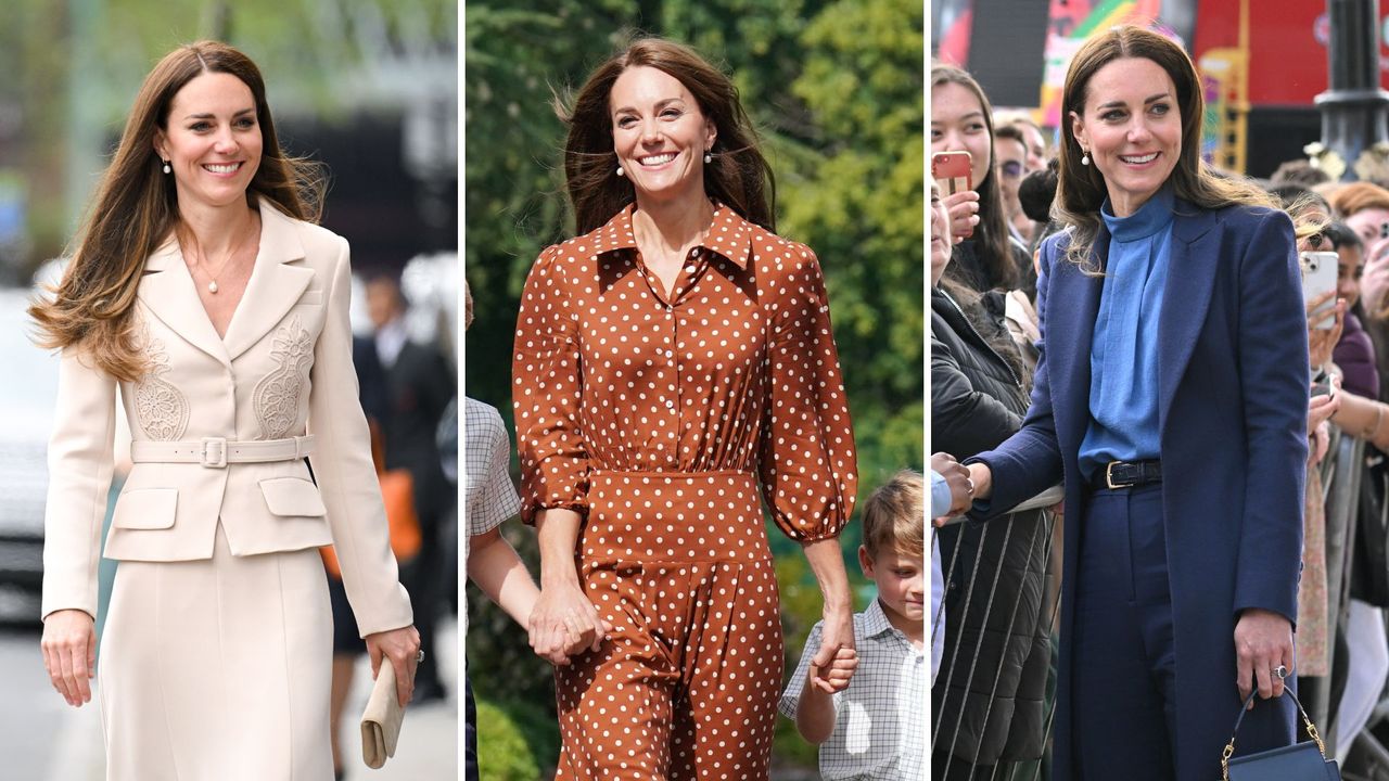 Composite of three pictures of Kate Middleton wearing pearl drop earrings to different occasions