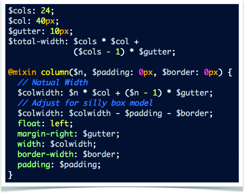 Reusable patterns can be stamped out easily with mixins. You can create your own grid in minutes