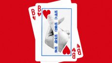 Photo collage of a hand showing the heart symbol, split in half b the tenets of the B$ movement rendered in Hangul. It is framed in a playing card, with the suit showing as a broken heart, with the letter 