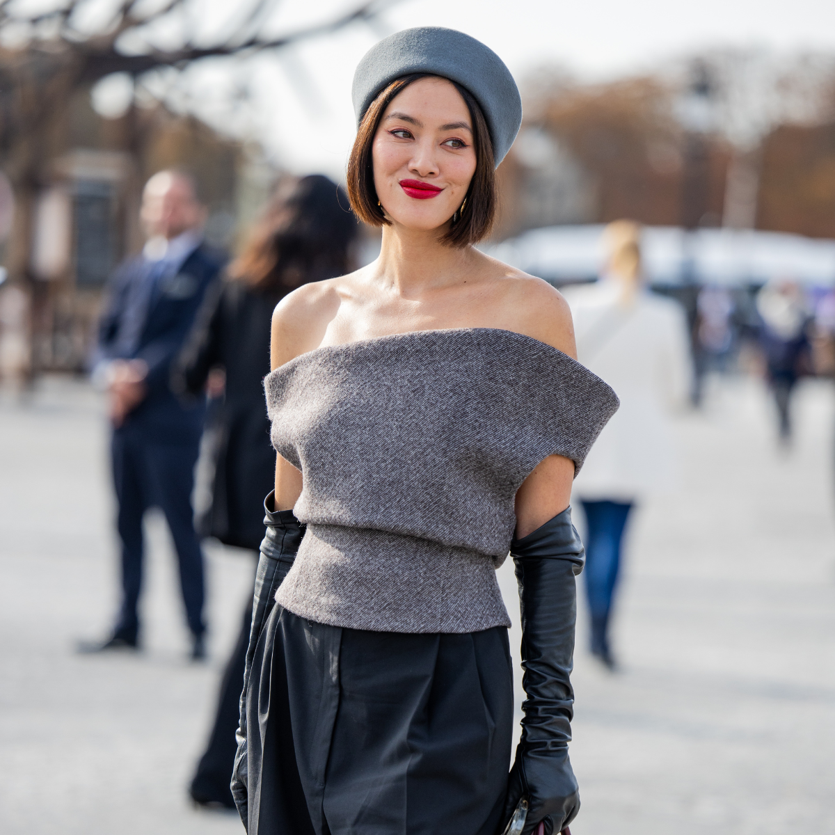 Tiffany Hsu at fashion week wearing a structured going out top