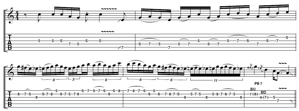 The lick in context - In true Gilbert style, our maestro demonstrates the lick in a fast blues context. Although this is based around A Dorian (A B C D E F# G), it works really well over a bluesy chord progression.
