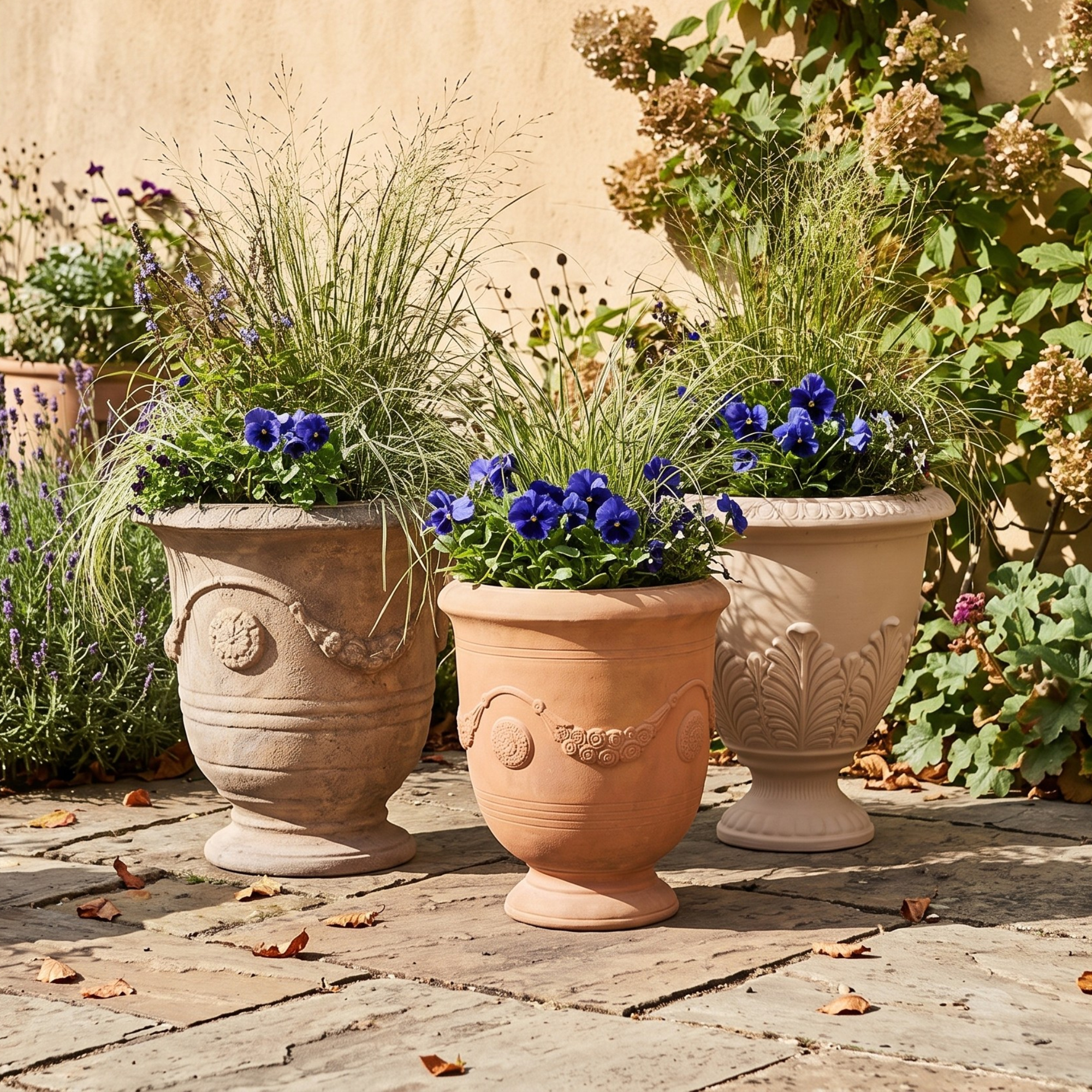 Urn planters from Amazon, Walmart and Anthropologie planted with ornamental grasses and pansies in a garden