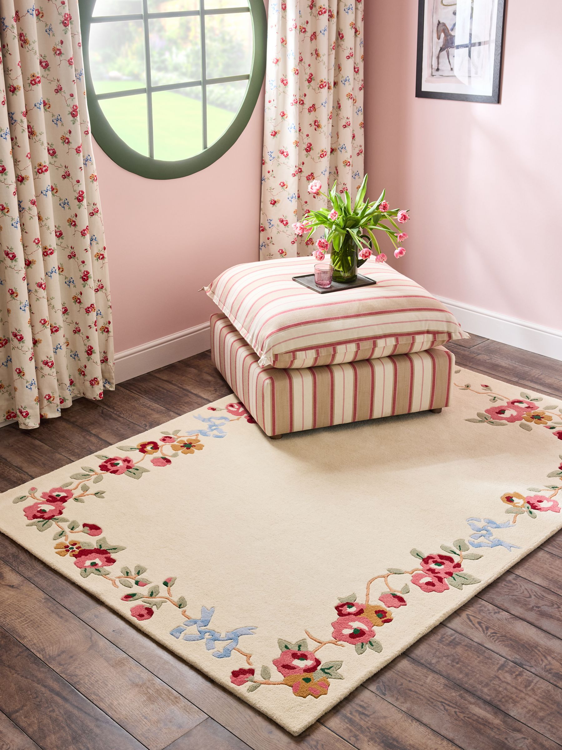 Cath Kidston Natural Rose and Bows Wool Tufted Rug - Size 80x150 Cm