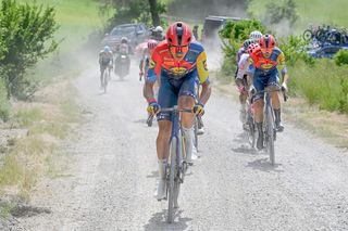 Mathias Vacek leads Lidl-Trek teammate Giulio Ciccone over the gravel roads of Tuscany on stage 9 of the Giro d'Italia